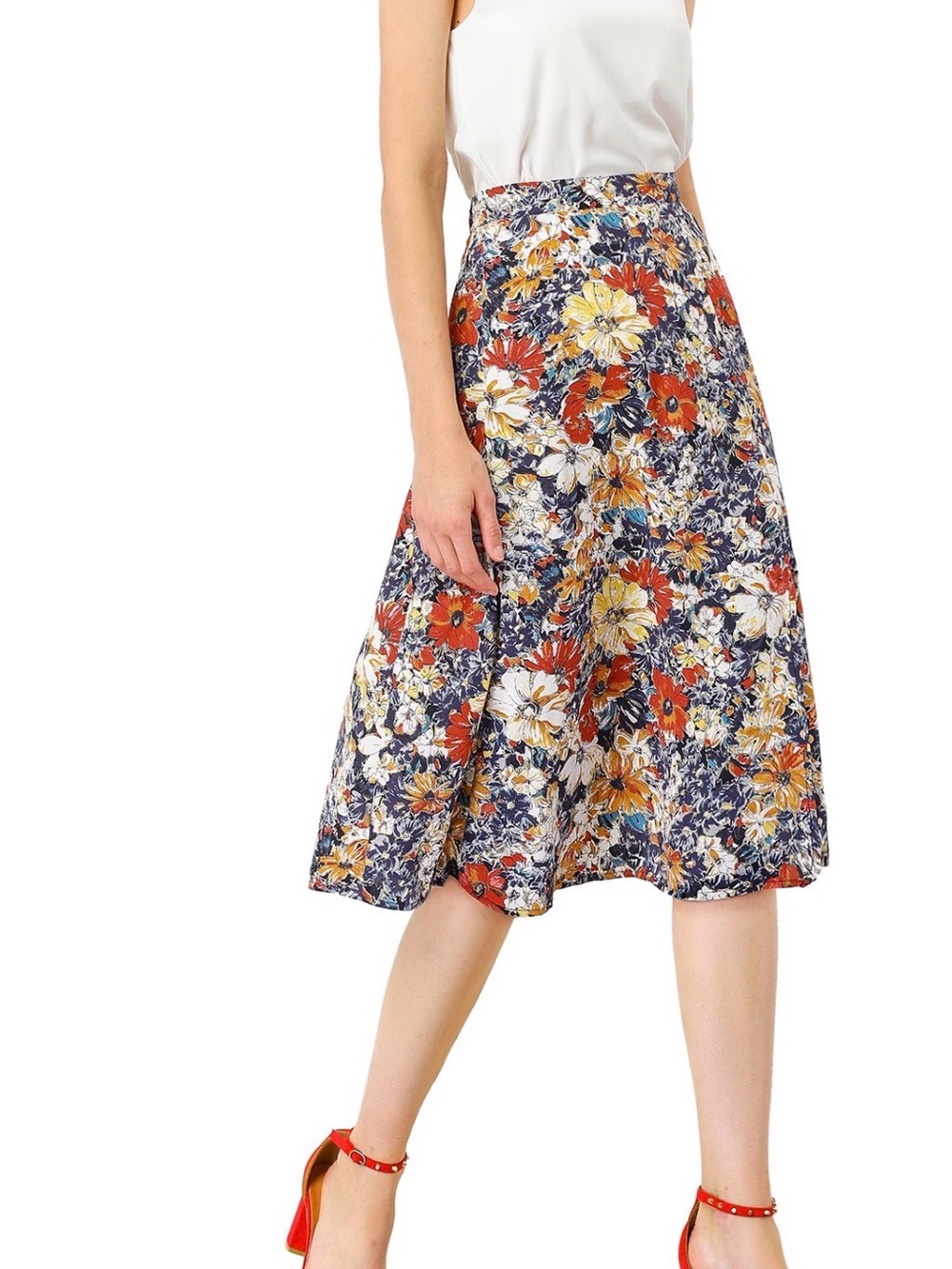 Allegra K high waisted split hem A-line Cream and Orange Blooms